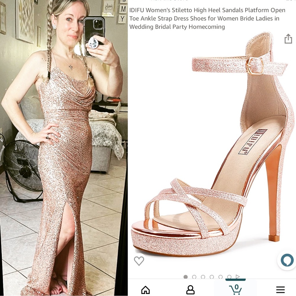 Dillards size 1 sparkly gold, formal prom dress comes shoes size 6.5 w/5” heel